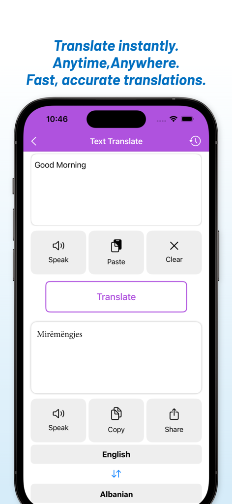 Interface de smartphone montrant l'application Traduction Anglais Albanais traduisant la phrase Bonjour en albanais.