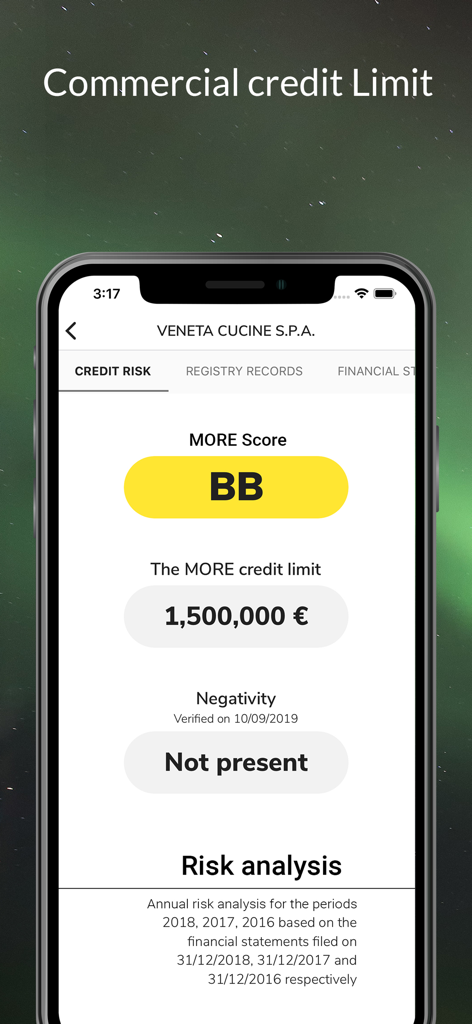 Interface de l'application s-peek montrant une limite de crédit commerciale et un score de risque pour une entreprise.