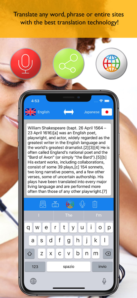ProTranslat the translator aрр - Screenshot of the ProTranslat app on an iPhone showing an English to Japanese translation of text about William Shakespeare with voice and sharing features