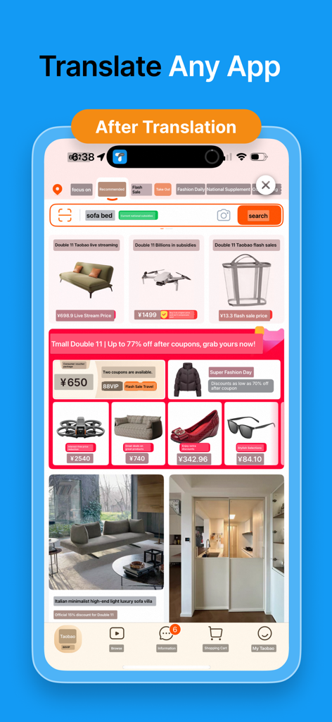 TransMate - Screen Translator - TransMate 앱이 외국 쇼핑 인터페이스를 영어로 번역하는 모습