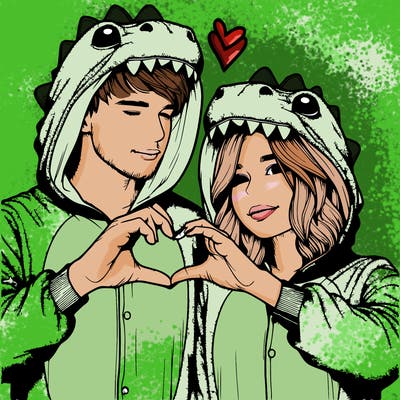 realistic couple wearing matching dinosaur onesies with heart hand gesture