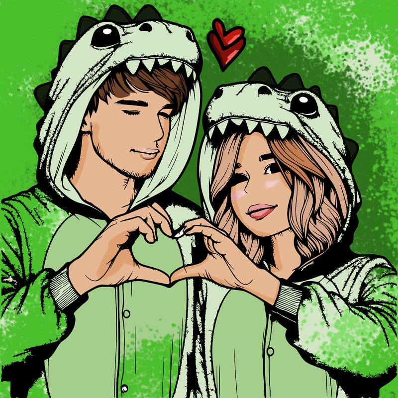 realistic couple wearing matching dinosaur onesies with heart hand gesture