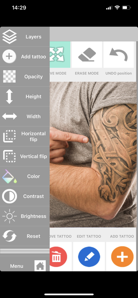 Interface of the Tattoo Design My Photo app showing a menu of editing tools such as opacity and height applied to a virtual tattoo on an arm.