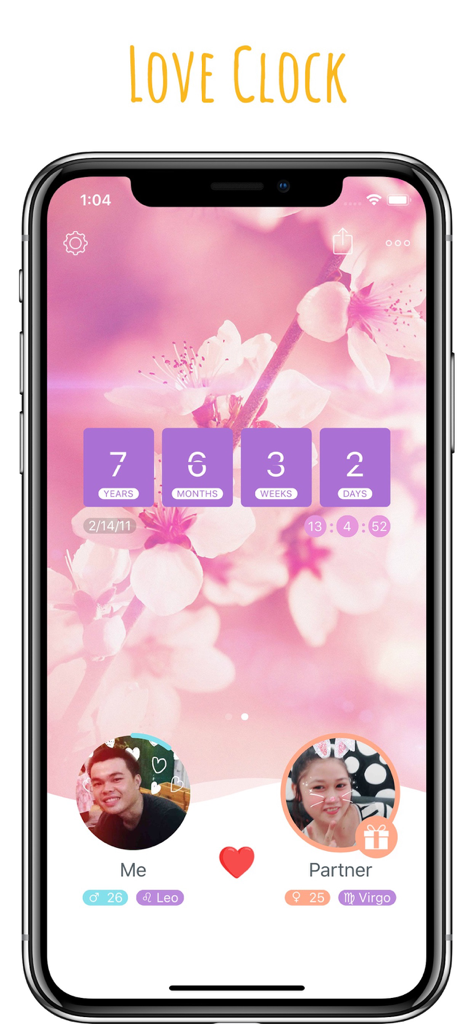 Interface of the inlove app showing a relationship anniversary counter with a floral background
