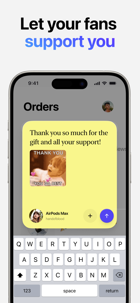 Throne-App-Oberfläche, die zeigt, wie ein Creator eine personalisierte Dankesnachricht für ein Geschenk sendet