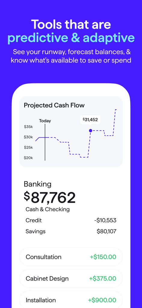 Ein Finanzdashboard in der Quicken Simplifi App, das einen prognostizierten Cashflow-Graph, Bankguthaben und aktuelle Geschäftstransaktionen zeigt.