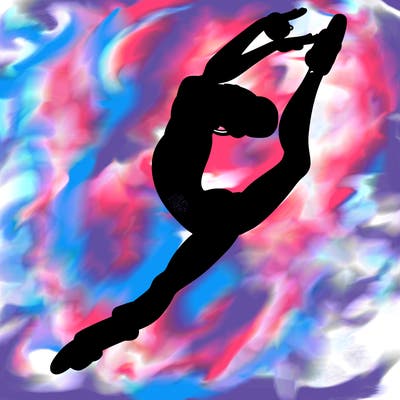 gymnast doing a leap in a leotard with a bent back leg
