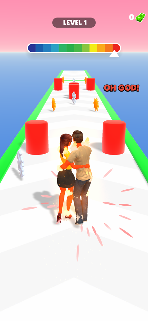 Hug Me Warmゲームレベルで抱き合っているカップル。過熱を示す温度計が表示されています。