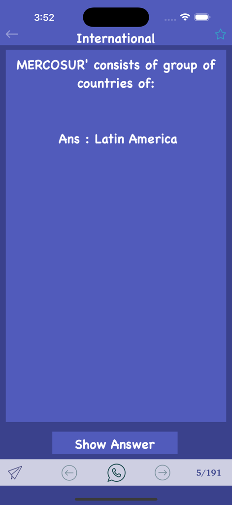 World General Knowledge - GK - Una captura de pantalla de la aplicación World General Knowledge mostrando una pregunta de trivia sobre MERCOSUR en la categoría Internacional.