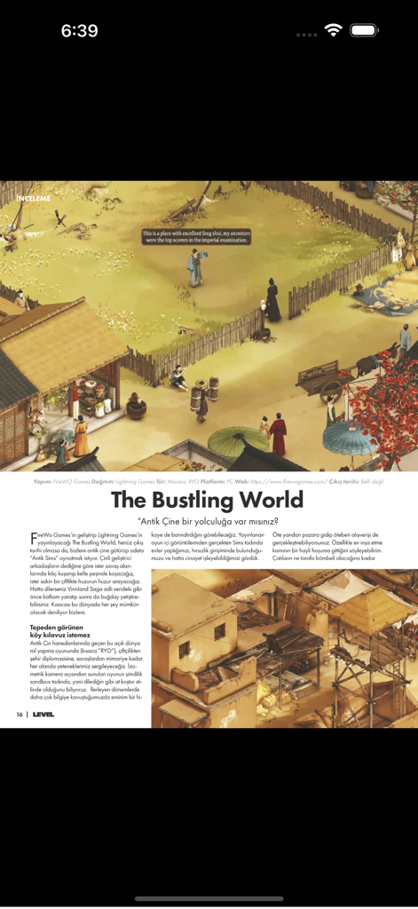 Level Dergisi - Screenshot of the Level Dergisi digital magazine app displaying a review for the game The Bustling World with artwork of ancient China.
