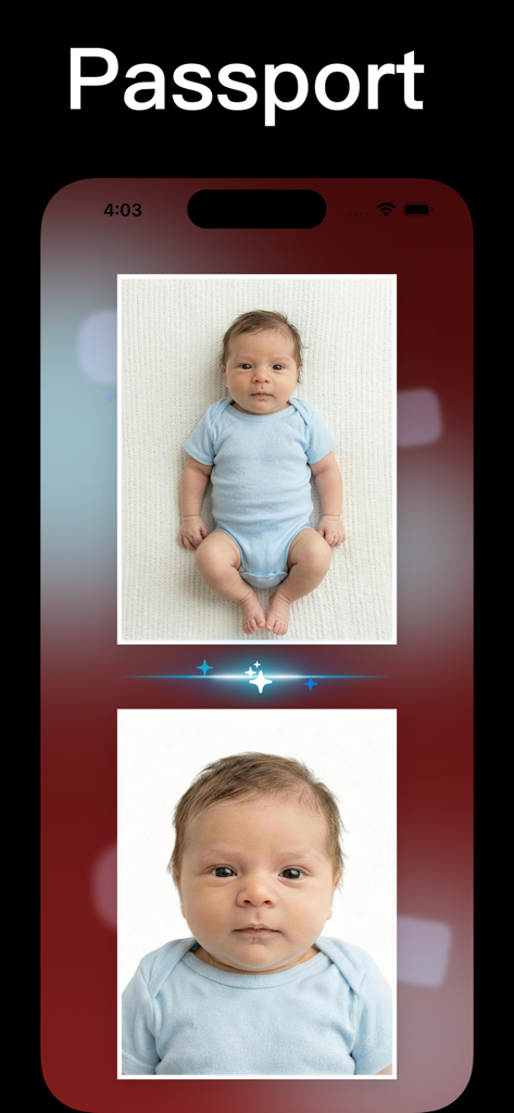 Passport Photo · ID Photo App - AI 기술이 아기 사진을 공식 여권 문서용으로 자르는 앱 인터페이스를 보여주는 이미지