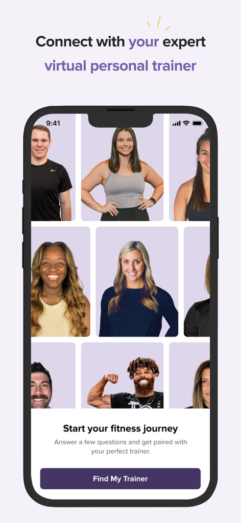 trainwell - A mobile screen showing a grid of expert personal trainers with a button to find a trainer and start a fitness journey