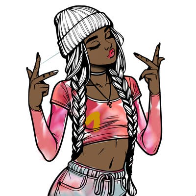 realistic teenage girl with braids and a beanie and crop top doing 🫶🏼