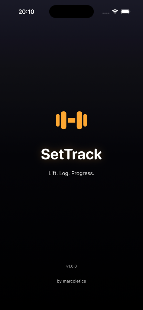 SetTrack - Workout Tracker - SetTrack app splash screen featuring an orange dumbbell icon and the slogan Lift Log Progress