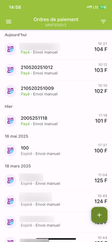 EpayNc - EpayNc Mobile App-Bildschirm, der eine Historie von Zahlungsaufträgen mit Status wie bezahlt oder abgelaufen und Beträgen in CFP-Francs zeigt