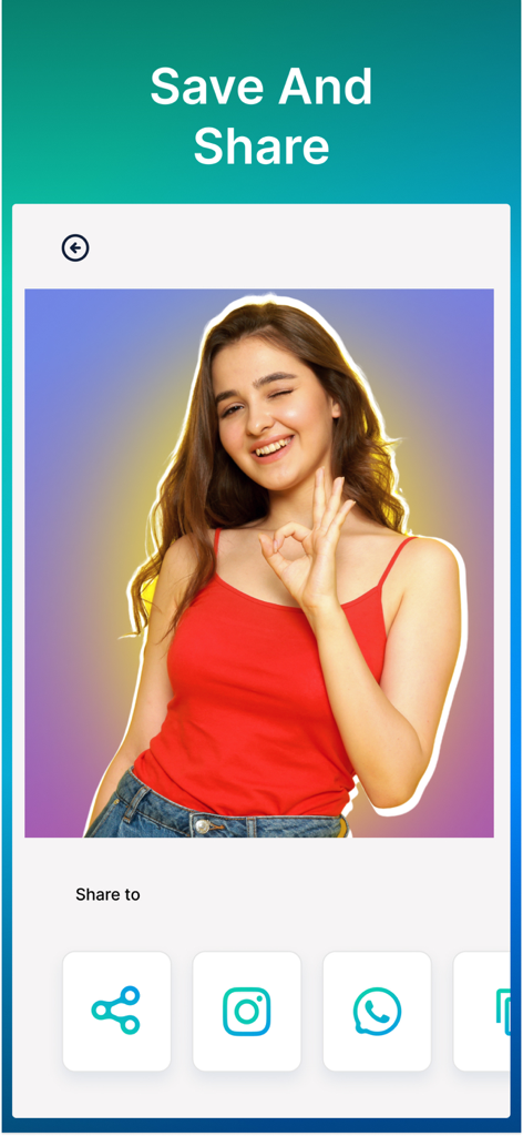 Pantalla de guardar y compartir de la aplicación de borrador de fondos con opciones de exportación a redes sociales