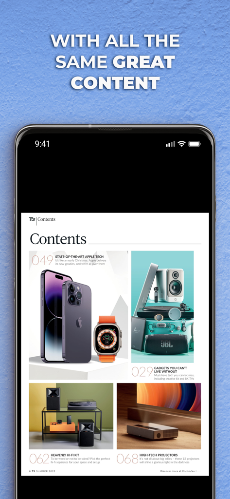 Smartphone screen displaying the table of contents for the T3 Australia digital magazine featuring high end tech reviews and gadget photography
