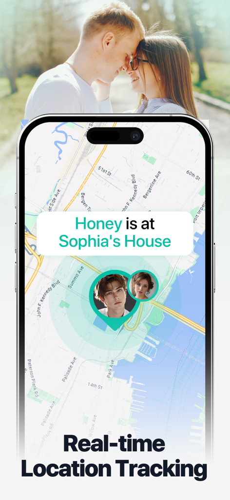 Find Location: Phone Tracker - Smartphone screen displaying a real time location tracking map with a notification showing a contact arrival at a specific house