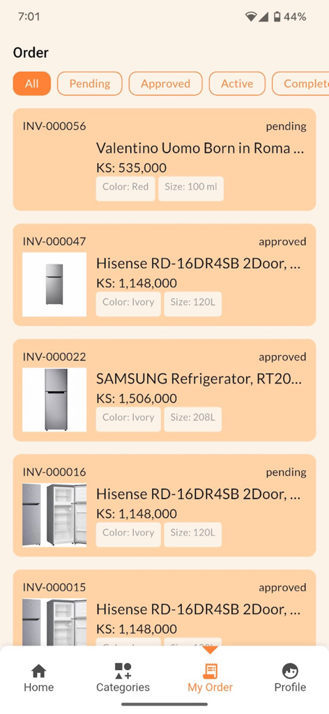 UShop Myanmar - UShop Myanmar mobile app interface showing a list of recent orders including perfume and refrigerators with pending and approved statuses