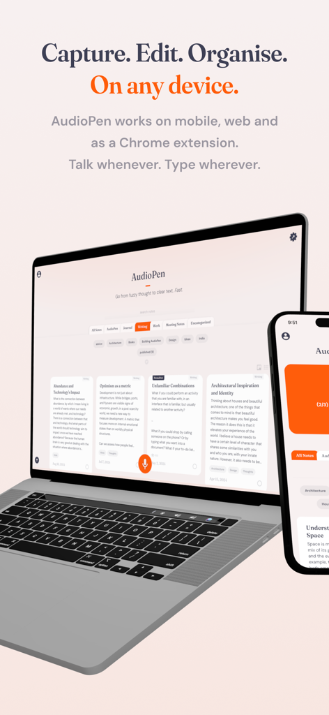 AudioPen - Benutzeroberfläche der AudioPen-Anwendung, angezeigt auf einem Laptop und einem Smartphone, die organisierte Notizen über Geräte hinweg zeigt.