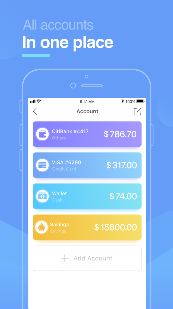 Pocket Expense Pro dashboard showing multiple financial accounts like bank, visa, wallet, and savings balances in one place.