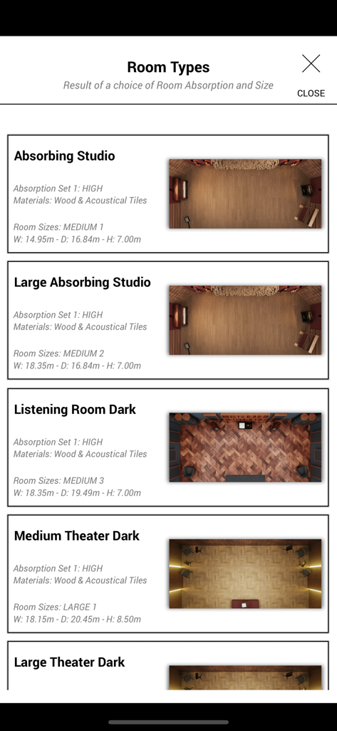 Ambiente Room Simulator - A list of virtual room presets in the Ambiente app showing studios and theaters with specific acoustic dimensions and materials