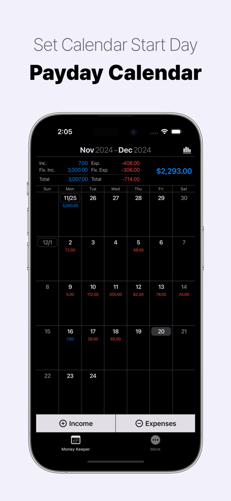 Money Keeper: Expenses Tracker - Money Keeper app payday calendar screen displaying daily income and expenses in a clean dark mode interface on an iPhone