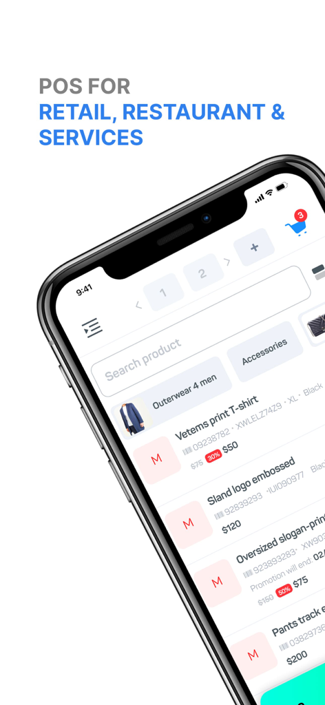OX POS - OX POS mobile app screen displaying a product list for retail with prices and discount labels