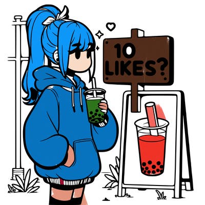 girl with oversized hoodie drinking boba and she has a high ponytail with a sign that says 10likes?