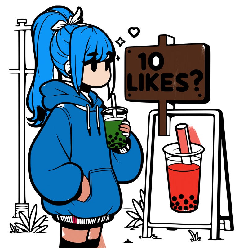 girl with oversized hoodie drinking boba and she has a high ponytail with a sign that says 10likes?