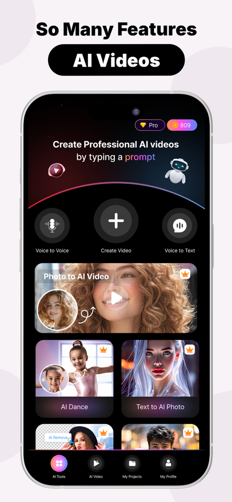 Haiper AI: Text to Video - Haiper AI mobile app screen showing video and photo creation features like AI Dance and Text to AI Photo.