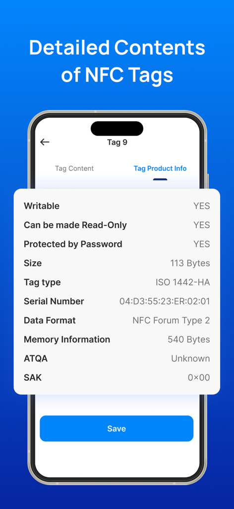 A smartphone screen displaying detailed technical data for an NFC tag including its serial number and memory size