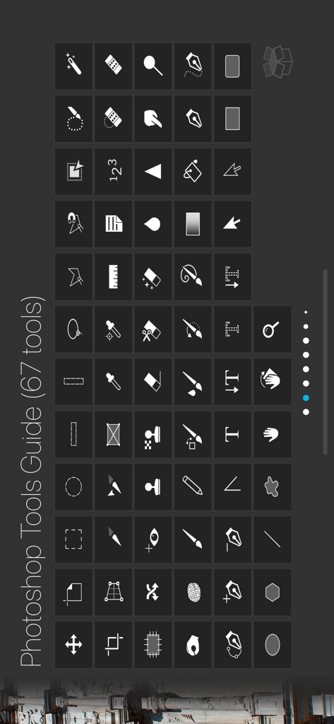 Learn Ps Tools - Gitteroberfläche, die 67 Adobe Photoshop-Werkzeugsymbole in der Learn Ps Tools App zeigt.