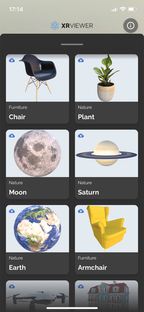 A library of 3D models within the XR Viewer app including a chair, a plant, and planets like the Moon and Earth.