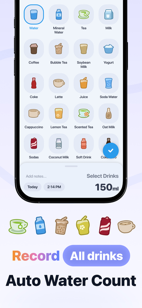 Mobile app interface showing a grid of beverage icons like coffee and tea for tracking daily hydration
