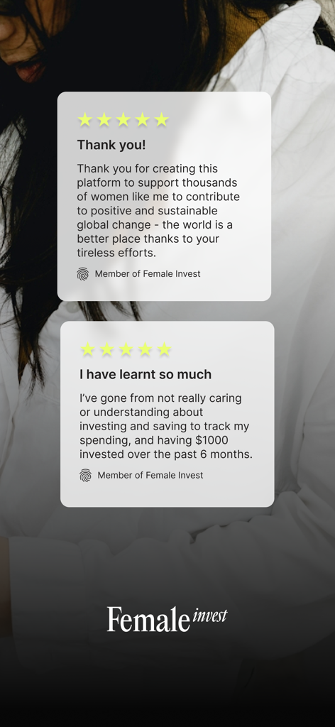 Two positive user reviews with five-star ratings for the Female Invest financial education app.