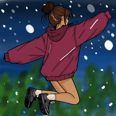 realistic girl jumping with a bun and oversized sweatshirt