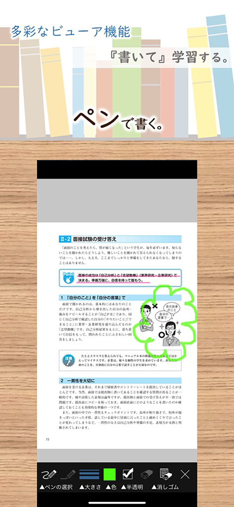 ManaMo - A screenshot of the ManaMo app showing a digital textbook page with green hand-drawn annotations and an editing toolbar for writing.