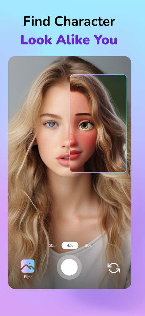 Demostración a pantalla dividida de la app que muestra a una mujer real junto a su versión de personaje de dibujos animados.