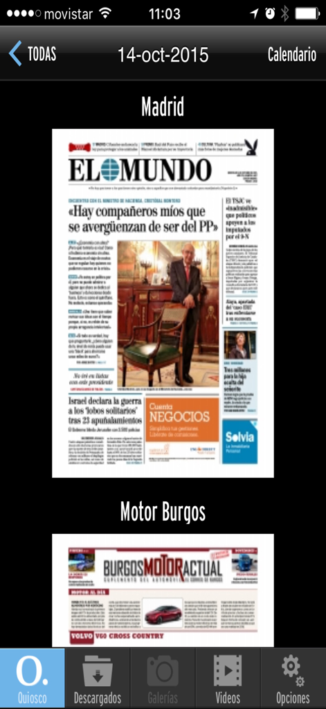 Orbyt 앱 디지털 키오스크에 El Mundo 신문 첫 페이지 표시