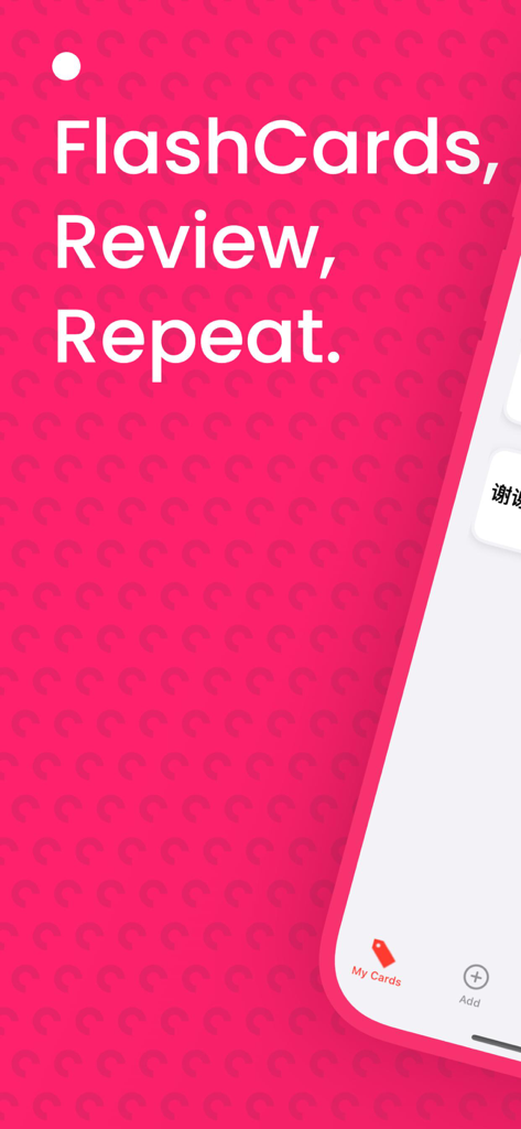 Pantalla promocional de la aplicación MyCards Chino con el lema FlashCards Review Repeat sobre un fondo rojo brillante.