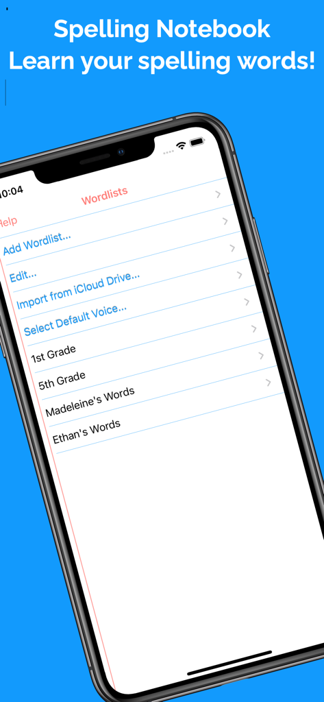 Spelling Notebook Premium - Mobile screen showing the wordlists menu in Spelling Notebook Premium with options to add import and organize personalized spelling lists