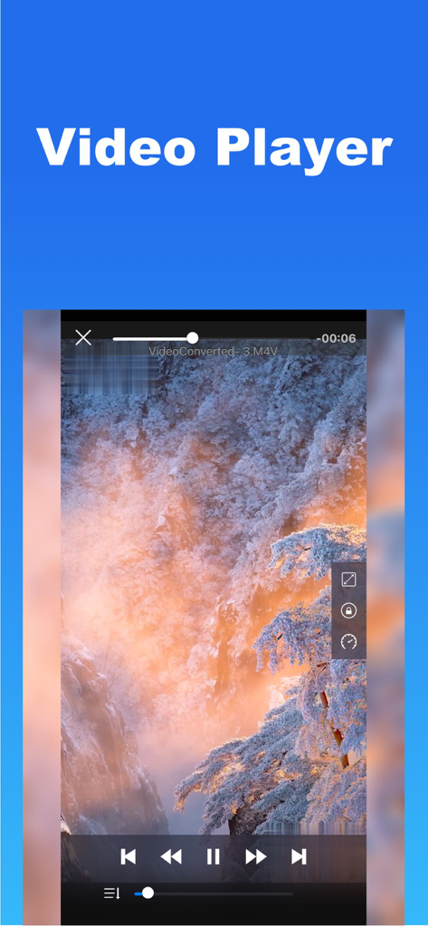 Media Converter - video to mp3 - Interfaccia del lettore video integrato con controlli di riproduzione che mostrano un paesaggio montano panoramico