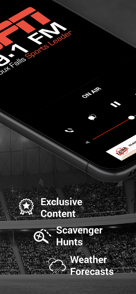ESPN Sioux Falls (KSOO-AM) - ESPN Sioux Falls mobile app screen showing on-air radio controls and featured local content