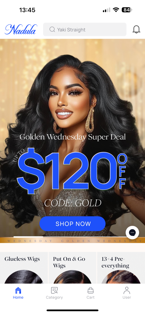 Nadula Wig - Nadula Wig app home screen featuring a Golden Wednesday Super Deal offering up to 120 dollars off human hair wigs