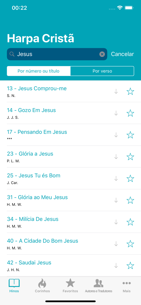 Harpa Cristã + - Search interface of the Harpa Crista app displaying a list of hymns filtered by keyword