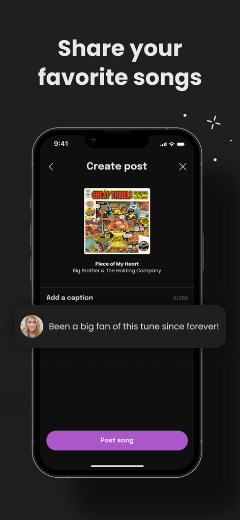 A smartphone interface showing the Create Post screen on the Needle Music app to share a song with a personalized caption