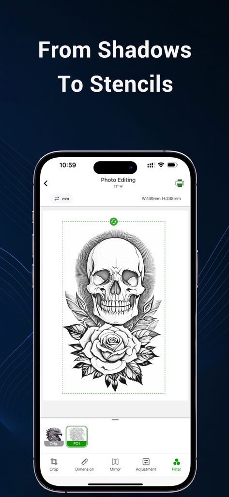 Smart Stencil - Smart Stencil mobile app interface showing a skull and rose tattoo design being edited for stencil printing