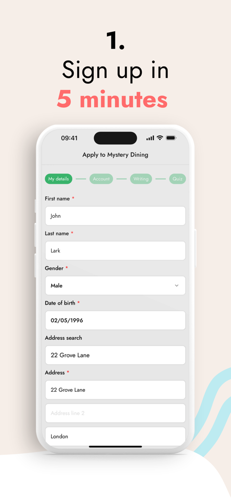 Mystery Dining - ミステリーダイニングの登録画面を表示するスマートフォン。個人情報入力フォームと「5分で登録」の見出しがあります。