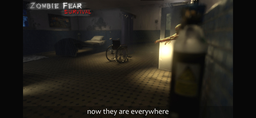 A dark psychiatric hospital room with a wheelchair and a zombie entering through a doorway in the game Zombie Fear